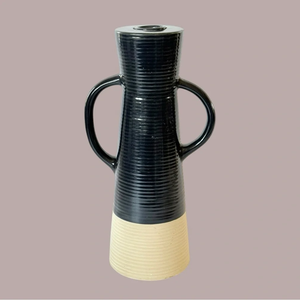 Crate & Barrel Sibely Navy & Beige Ceramic Candlestick Holder 9 5/8”